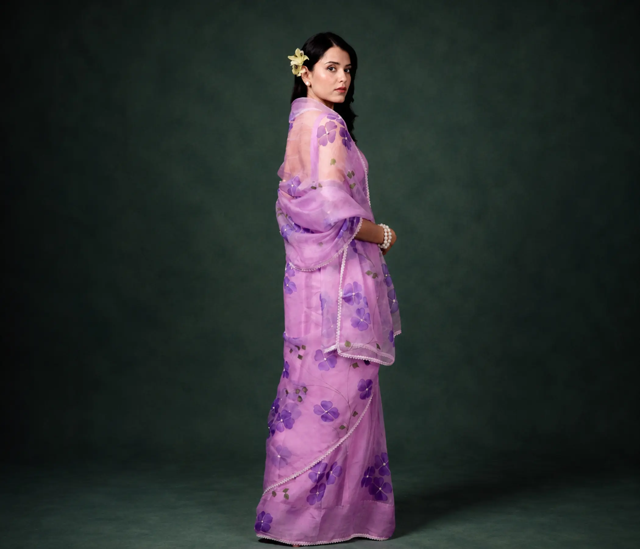 Lavender Petals Pure Organza Saree with Sleeveless Blouse